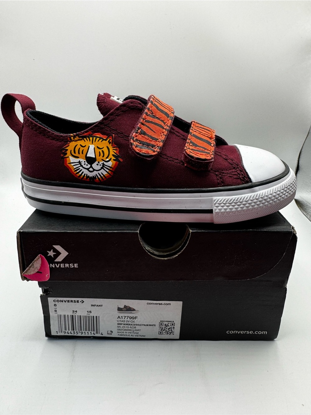 Converse Kids Burgundy Canvas Sneakers with Orange Tiger Straps
